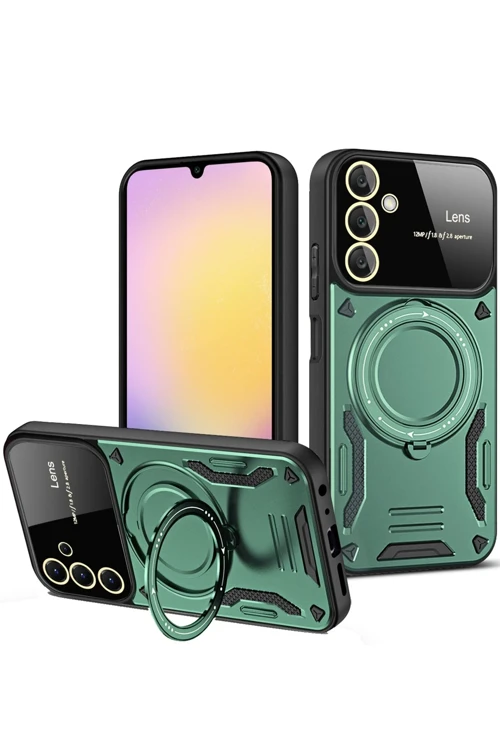 Samsung Galaxy A25 5G Kılıf Joy Lens Standlı Kapak - Koyu Yeşil