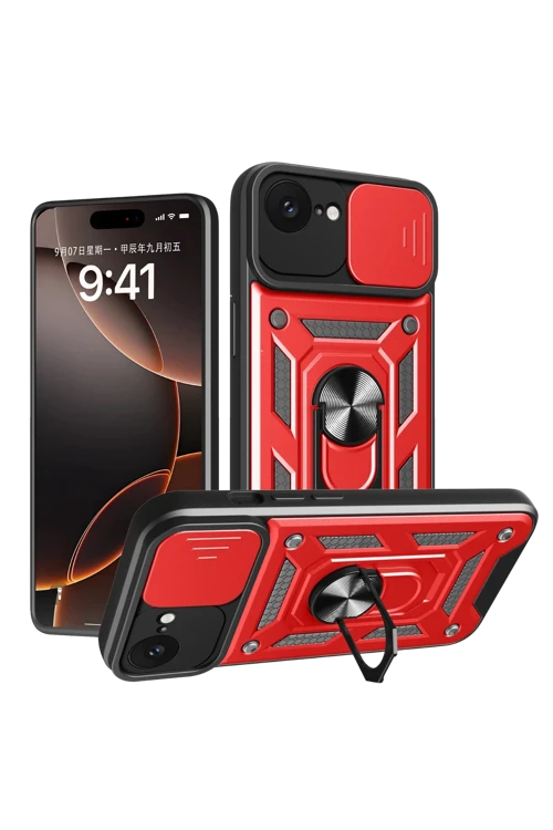 Apple iPhone 16E Kılıf Pars Lens Yüzüklü Silikon - Kırmızı