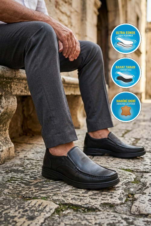Siyah Hakiki Deri Yan Lastikli Rahat Erkek Casual Ayakkabı Loafer 076
