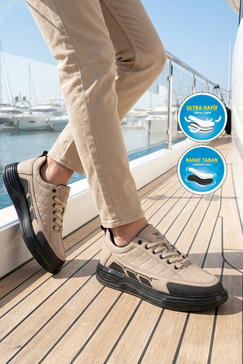 Bej Bağcıklı Kalın Rahat Tabanlı Erkek Casual Sneaker Ayakkabı Hua