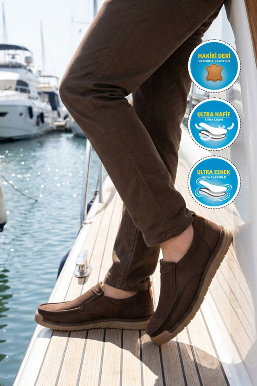 Kahve Nubuk Hakiki Deri Yan Lastikli Rahat Tabanlı Erkek Casual Ayakkabı Loafer 62400