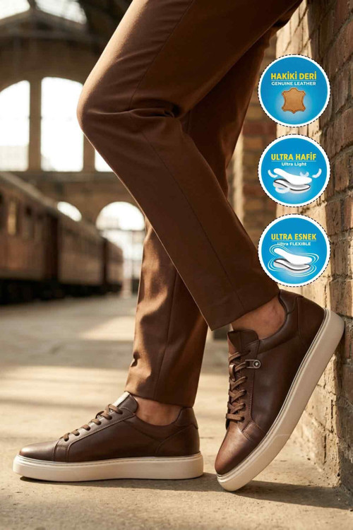 Kahve Hakiki Deri Bağcıklı Kalın Rahat Tabanlı Erkek Casual Sneaker Ayakkabı 2692