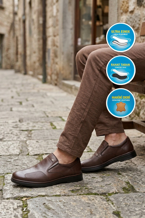 Kahve Hakiki Deri Yan Lastikli Rahat Tabanlı Erkek Casual Ayakkabı Loafer 320