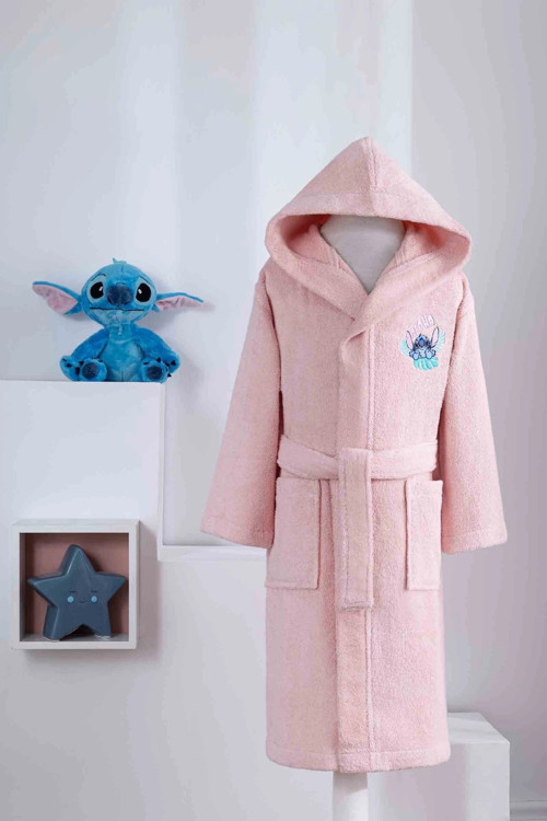 Lisanslı Kapüşonlu Çocuk Bornozu 5/6 Yaş-Stitch Aloha Mercan