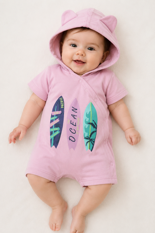 Kapüşonlu Ocean Baskılı Kısa Kollu Unisex Bebek Tulum 10231