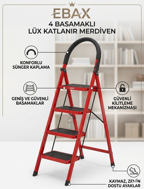 Lüx 4 Basamaklı Katlanır Ev ve Ofis Merdiveni - Sağlam Metal Gövde, Geniş Kaymaz Mat Basamaklı Taşınabilir Portatif Merdiven (Kırmızı-Siyah)