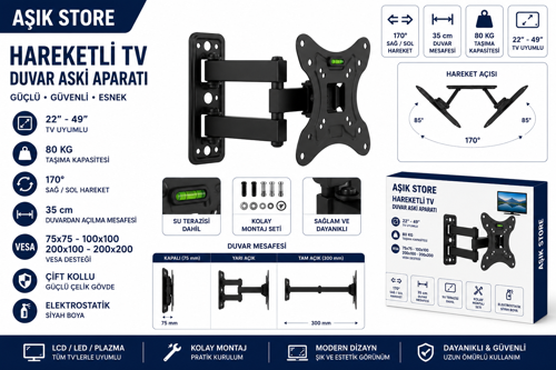 Hareketli TV Duvar Askı Aparatı 22-49 İnç 80 Kg Taşıma Kapasiteli 170° Döner VESA 200x200 Çift Kollu LCD LED Plazma TV Askısı