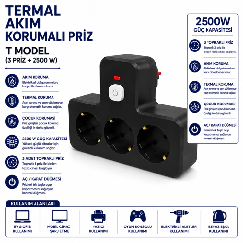Termal Akım Korumalı T Model 3’lü Topraklı Priz 2500W Aç Kapat Düğmeli Çocuk Korumalı