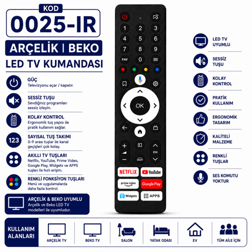 0025-IR Arçelik Beko Uyumlu LED Smart Tv Kumandası Netflix Youtube Prime Video Google Play Ses Komutsuz