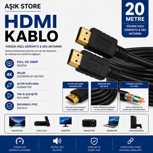 HDMI Kablo 20 Metre Full Hd 1080P 4KX2K Yüksek Hızlı Görüntü ve Ses Aktarım Kablosu Altın Kaplama Konnektör Pvc Dış