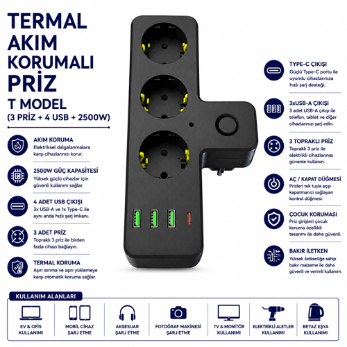 Termal Akım Korumalı Priz T Model 3 Priz 4 USB Type-C 2500W Topraklı Çoklu Priz