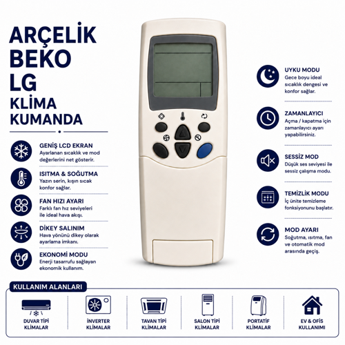 Arçelik Beko Uyumlu Klima Kumandası LCD Ekranlı Isıtma Soğutma Fan Mod Zamanlayıcı Yedek Kumanda