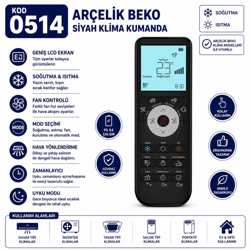 Vestel 0515 Siyah Klima Kumandası LCD Ekranlı Isıtma Soğutma Fan Hız Ayarlı Swing Fonksiyonlu Yedek Kumanda