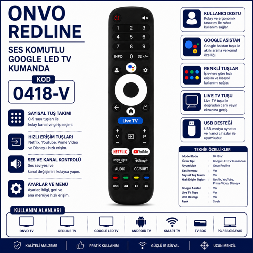 0418-V Onvo Redline Ses Komutlu Google LED Tv Kumandası Netflix Youtube Prime Video Disney+ Uyumlu