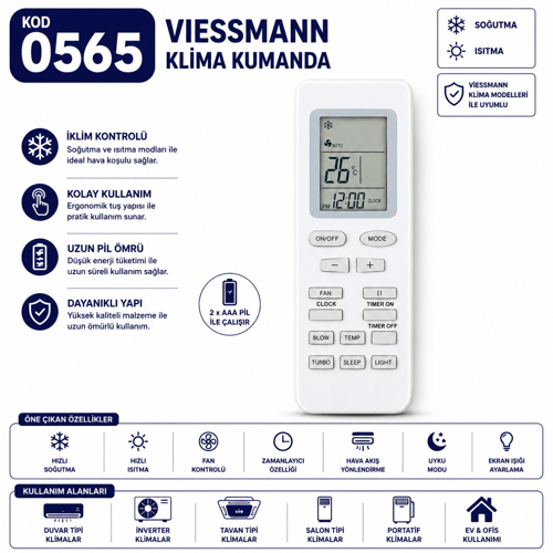 Viessmann Uyumlu 0565 Klima Kumandası LCD Ekranlı Isıtma Soğutma Fan Turbo Uyku Modu Zamanlayıcı Yedek Kumanda