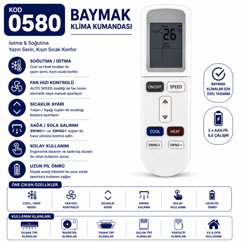 Baymak 0580 Klima Kumandası LCD Ekranlı Isıtma Soğutma Fan Hız Ayarlı Swing Fonksiyonlu Yedek Kumanda