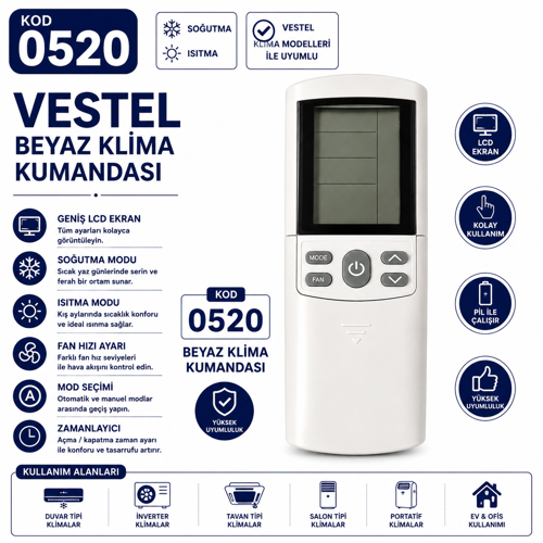 Vestel Uyumlu 0520 Beyaz Klima Kumandası LCD Ekranlı Isıtma Soğutma Fan Mod Ayarlı Yedek Kumanda