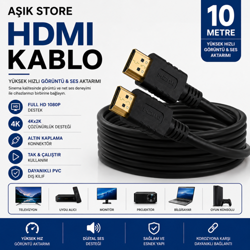 HDMI Kablo 10 Metre Full HD 1080P Yüksek Hızlı Görüntü ve Ses Aktarım Kablosu TV Monitör Projeksiyon PS5 Xbox