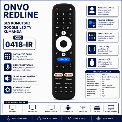 0418-IR Onvo Redline Ses Komutsuz Google LED TV Kumandası Netflix YouTube Prime Video Disney+ Uyumlu