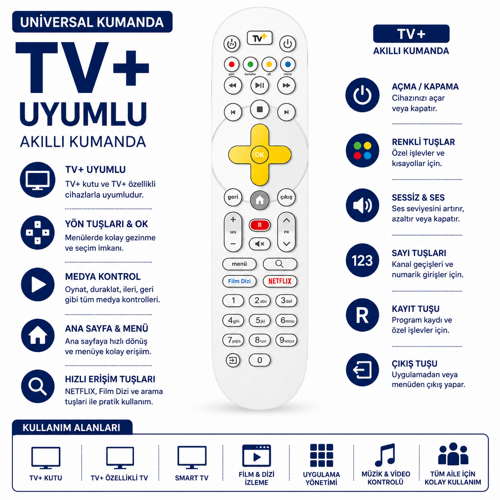 Tv+ Uyumlu Akıllı Kumanda Netflix Film Dizi Tuşlu Tv Plus Kutu Universal Yedek Kumanda