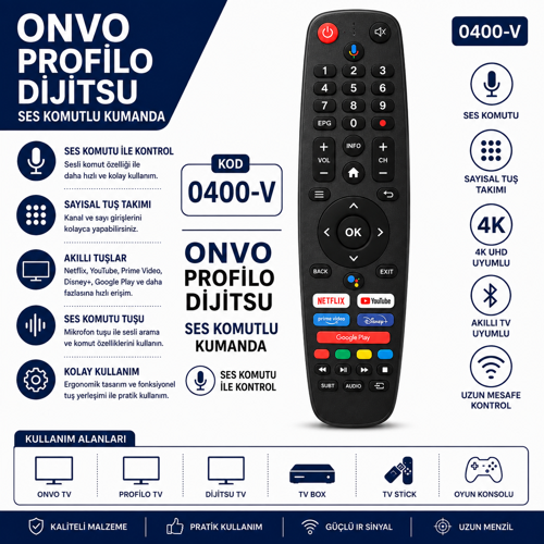 0400-V Onvo Profilo Dijitsu Ses Komutlu Akıllı LED Tv Kumandası Netflix Youtube Prime Video Uyumlu