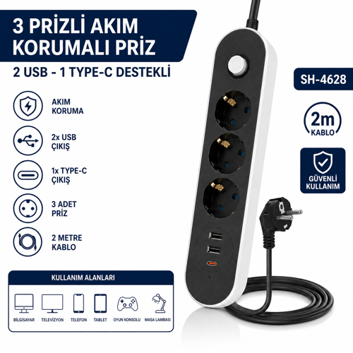SH-4628 3’lü Akım Korumalı Priz 2 USB + 1 Type-C Çıkışlı 2 Metre Kablolu Anahtarlı Topraklı Çoklu Grup Priz