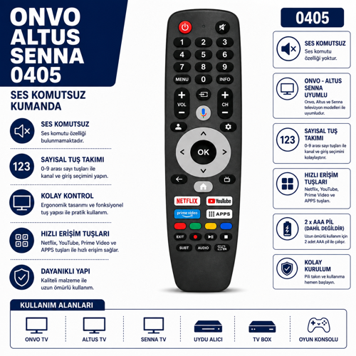 Onvo Altus Senna 0405 Akıllı TV Kumandası – Netflix YouTube Prime Video Uyumlu