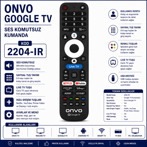 2204-IR Onvo Google Tv Ses Komutsuz Kumanda Netflix Youtube Prime Video Disney+ Uyumlu