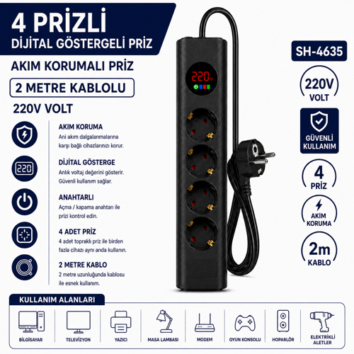 SH-4635 4’lü Akım Korumalı Priz Dijital Voltaj Göstergeli 2500W 2 Metre Kablolu Anahtarlı Topraklı Çoklu Grup Priz