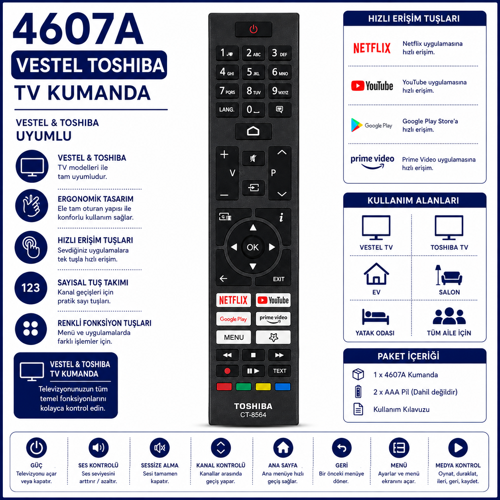 4607A Vestel Toshiba Uyumlu Smart Tv Kumandası Netflix Youtube Prime Video Google Play