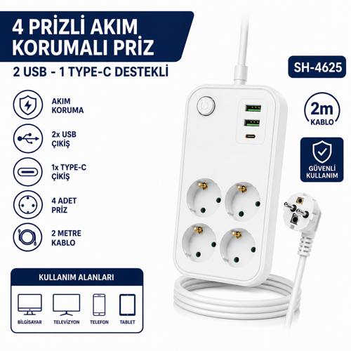 SH-4629 4’lü Topraklı Akım Korumalı Priz 2 USB 1 Type-C Şarj Çıkışlı 2 Metre Kablolu Anahtarlı Çoklu Grup Priz Uzatma