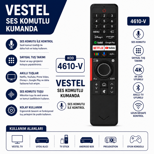 Vestel 4610-V Ses Komutlu Akıllı Tv Kumandası Netflix Youtube Prime Video Tuşlu