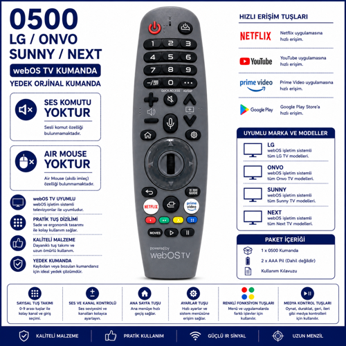 0500 Lg Onvo Sunny Next Webos Tv Kumandası Netflix Prime Video Uyumlu Ses Komutsuz Air Mouse Özelliksiz