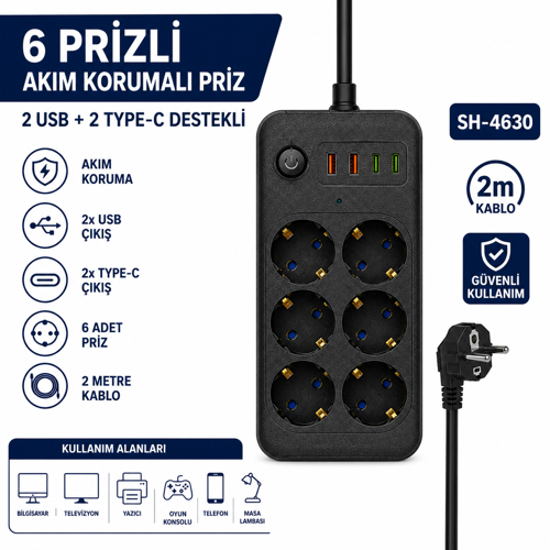 SH-4630 6’lı Akım Korumalı Priz 2 USB + 2 Type-C Çıkışlı 2 Metre Kablolu Anahtarlı Topraklı Çoklu Grup Priz