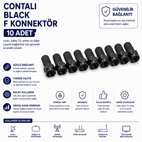 Contalı Black F Konnektör 10 Adet Siyah Uydu Anten Kablo Tv Koaksiyel Kablo Bağlantı Ucu