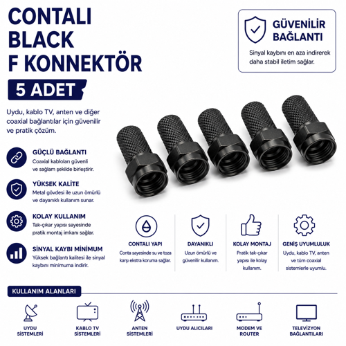 Contalı Black F Konnektör 5 Adet Siyah Uydu Anten Kablo Tv Koaksiyel Kablo Bağlantı Ucu