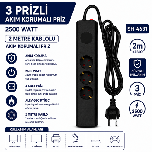SH-4631 3’lü Akım Korumalı Priz 2500W 2 Metre Kablolu Anahtarlı Topraklı Çoklu Grup Priz Uzatma Kablosu