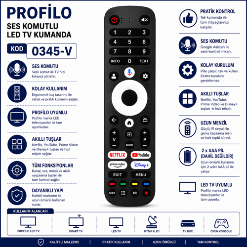 Profilo 0345-V Ses Komutlu Akıllı LED Tv Kumandası Netflix Youtube Prime Video Disney+ Tuşlu