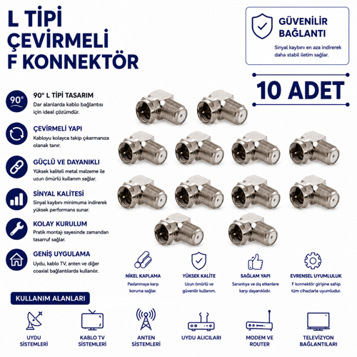 L Tipi Çevirmeli F Konnektör 10 Adet 90 Derece Uydu Anten Kablo Tv Koaksiyel Bağlantı Aparatı