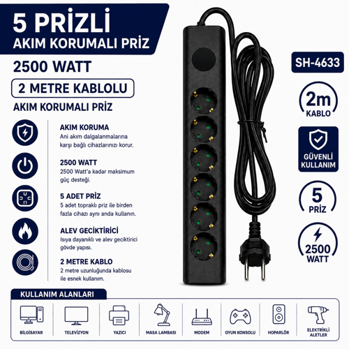 SH-4633 5’li Akım Korumalı Priz 2500W 2 Metre Kablolu Anahtarlı Topraklı Çoklu Grup Priz Uzatma Kablosu