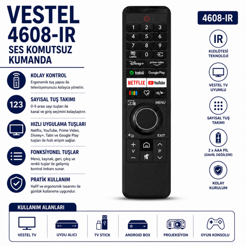 Vestel 4608-IR Akıllı Tv Kumandası – Netflix Youtube Prime Video Disney+ Tabii Google Play Tuşlu Ses Komutsuz Kumanda