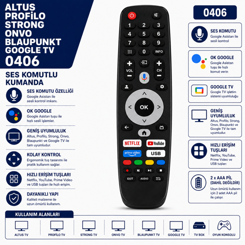 0406 Altus Profilo Strong Onvo Blaupunkt Google Tv Uyumlu Ses Komutlu Akıllı Tv Kumandası