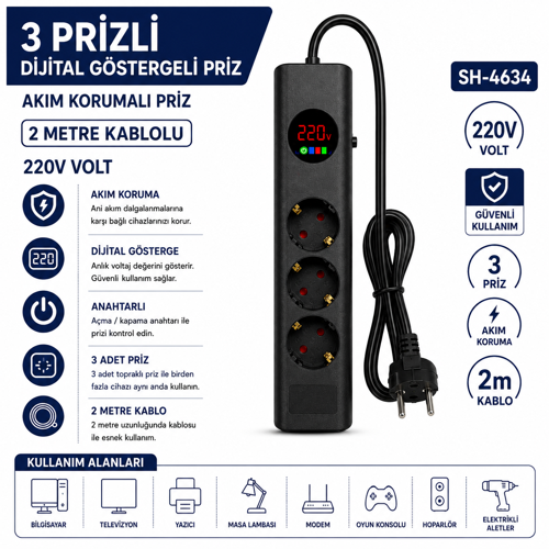 SH-4634 3’lü Akım Korumalı Priz Dijital Voltaj Göstergeli 2500W 2 Metre Kablolu Anahtarlı Topraklı Çoklu Grup Priz