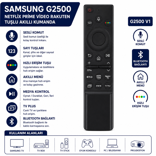Samsung G2500 V1 Akıllı Tv Kumandası – Sesli Komut, Netflix, Prime Video, Rakuten Tv, Bluetooth
