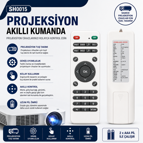 SH0015 Projeksiyon Akıllı Kumanda Çoklu Marka Uyumlu Universal Projektör Uzaktan Kumanda