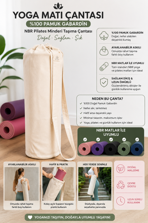 Yoga Matı Çantası Büyük Boy %100 Pamuk Gabardin TPE Pilates Minderi Taşıma Çantası Ayarlanabilir Askılı