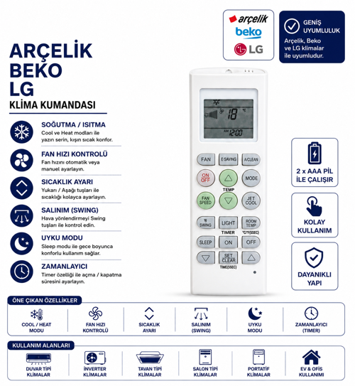 Arçelik Beko Lg Klima Kumandası LCD Ekranlı Isıtma Soğutma Fan Hızı Swing Jet Cool Uzaktan Kumanda
