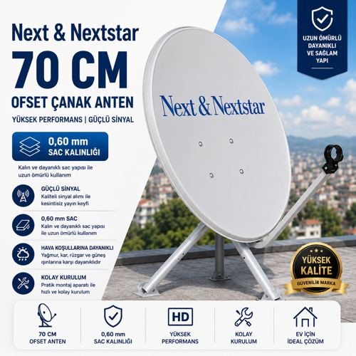 Next & Nextstar 70 cm Ofset Çanak Anten 0,60 mm Sac %100 Uydu Uyumlu Dayanıklı Galvanizli Çelik Gri