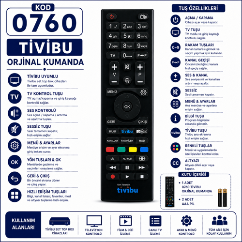 0760 Tivibu Orijinal Kumanda Türk Telekom Tivibu Set Top Box Tv Kumandası Uyumlu Yedek Kumanda