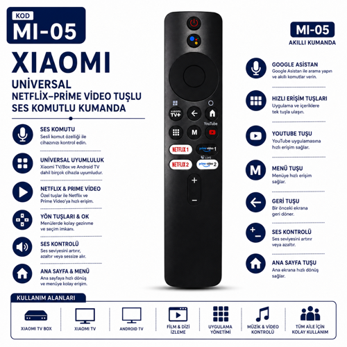 MI-05 Universal Akıllı Kumanda Sesli Komutlu Netflix Prime Video YouTube Tuşlu